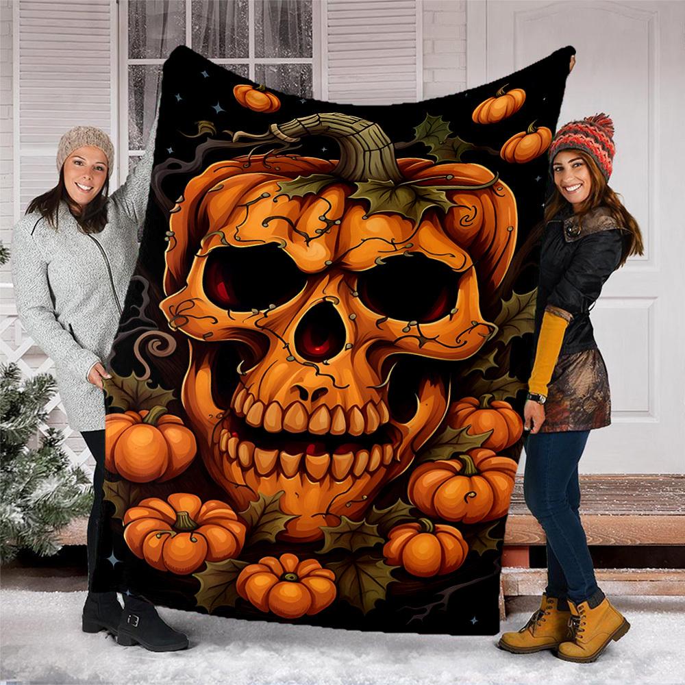1pc Pumpkin Skull Throw Blanket Polyester Fiber, Lightweight Flannel, Soft & Warm, All Season Use for Outdoor, Camping Digital Print