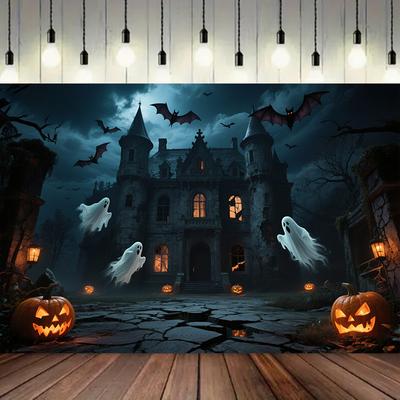 Фон для Хэллоуинской вечеринки с элементами тыквы, замка, летучей мыши, привидения для фотобудки, мероприятия, праздника, настенного декора