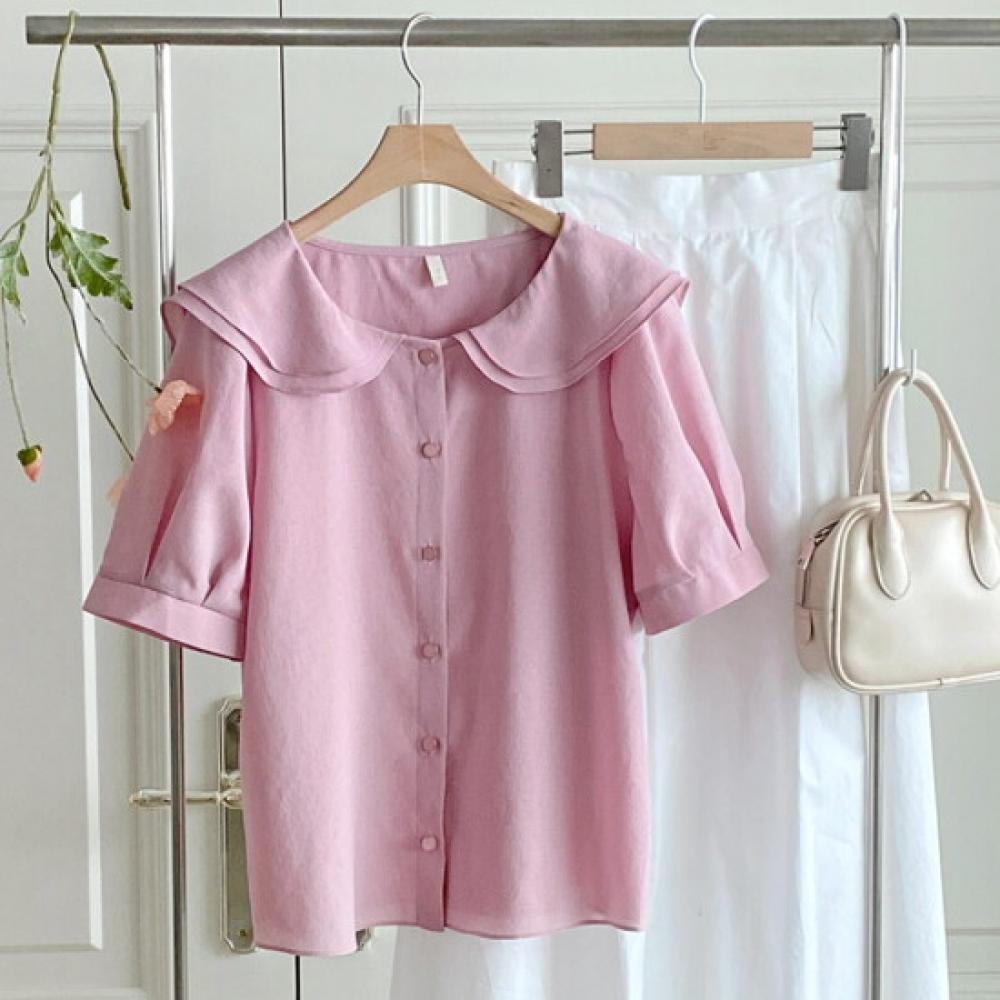Shop Women Peter Pan Collar Puff Sleeve Straight Fit Blouse Pink Rei Wbl 4576