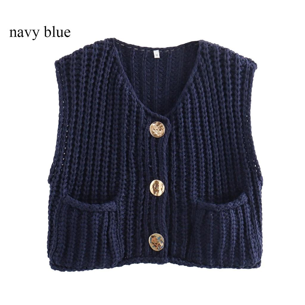 Женский короткий вязаный кардиган без рукавов с однотонным карманом на весну и осень