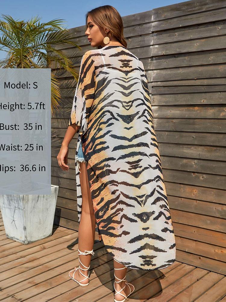 2024 Желтое сексуальное шифоновое бикини в полоску с тигром, накидки на бикини больших размеров, платье-кимоно, летняя женская пляжная одежда, купальный костюм, накидка