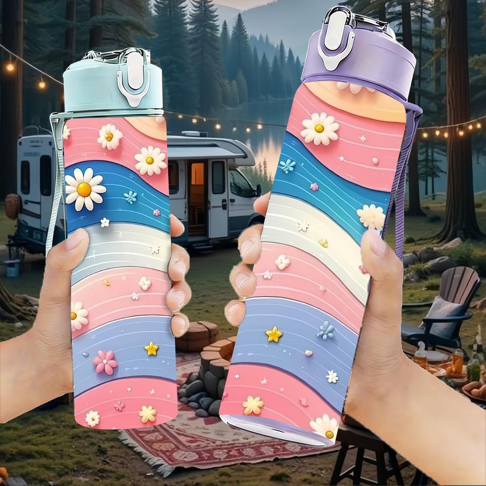 1PC Pastel Rainbow Cloud Daisy Print 750ml Color Plastic Sports Water Bottle Leakproof Flip Straw Lid Suitable for Sports Office Home Use