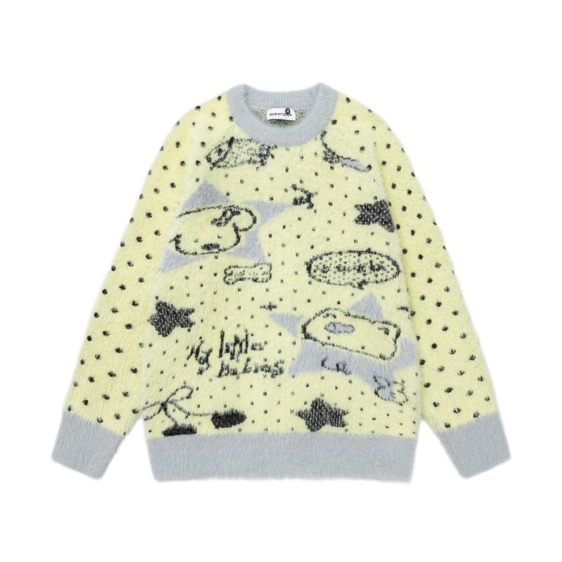 Unisex Oversized Retro Cartoon Polka Dot Faux Mink Knit Sweater Loose Cozy Pullover Fall Winter