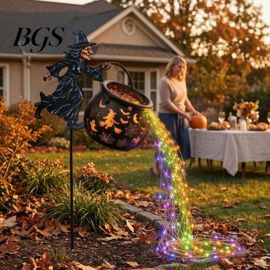 Front Yard Holiday Accessories Halloween Witch Cauldron Garden Light, Metal Stake with LED String Glowing for Lights, Waterproof Pot Statue