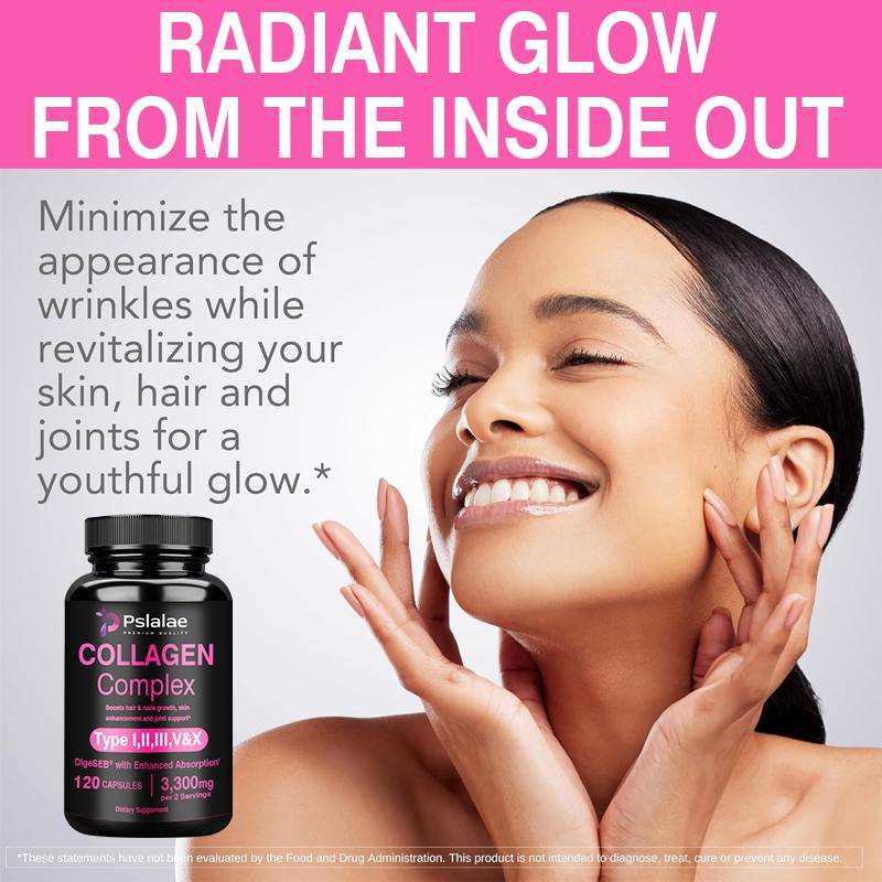 Collagen complex capsules containing hydrolyzed fish collagen peptides, 3300 mg, dietary supplement, suitable for adults.