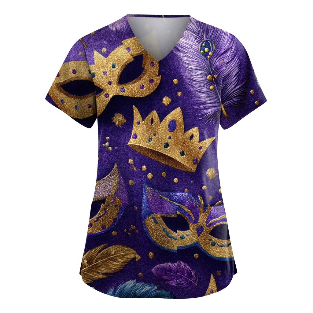 Женская модная рабочая одежда с V-образным вырезом и короткими рукавами, с карманами, топ с карнавальным принтом, униформа для сиделки