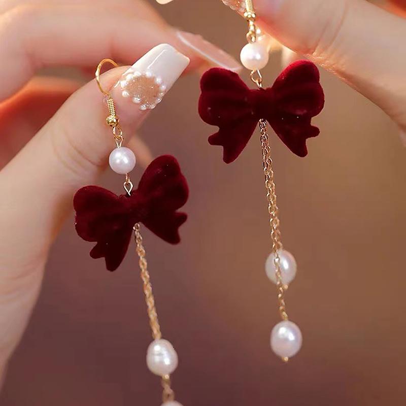 Серьги-бантики из красной флокированной ткани, темпераментные серьги с длинными бахромой в виде сладких цветов