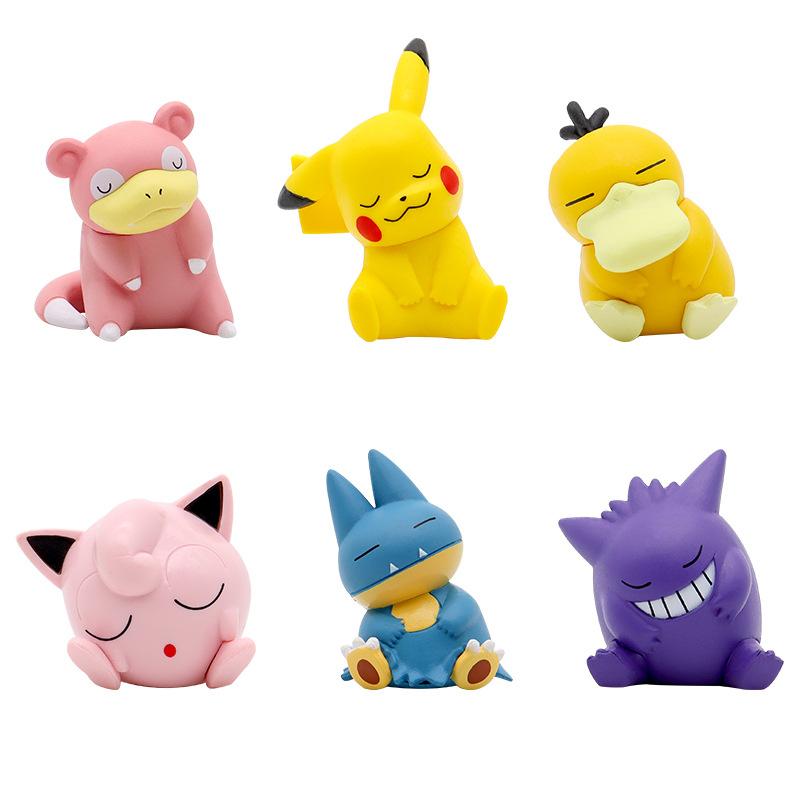 Sleep Version Figures 6Pcs Pikachu Gengar Jigglypuff Slowpoke Gonbe Psyduck Anime Kawaii Doll Model Collection PVC Toys