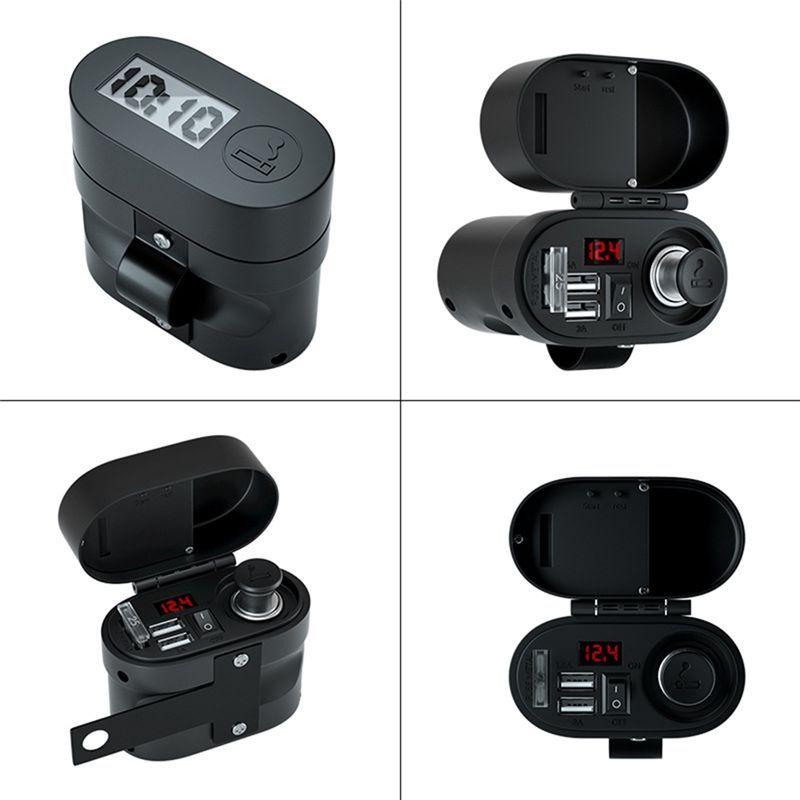 NEW-Motorcycle Dual Purpose Cigarette Lighter Socket Kit Waterproof Moto Usb Power LED Voltmeter Time Display For Boat A