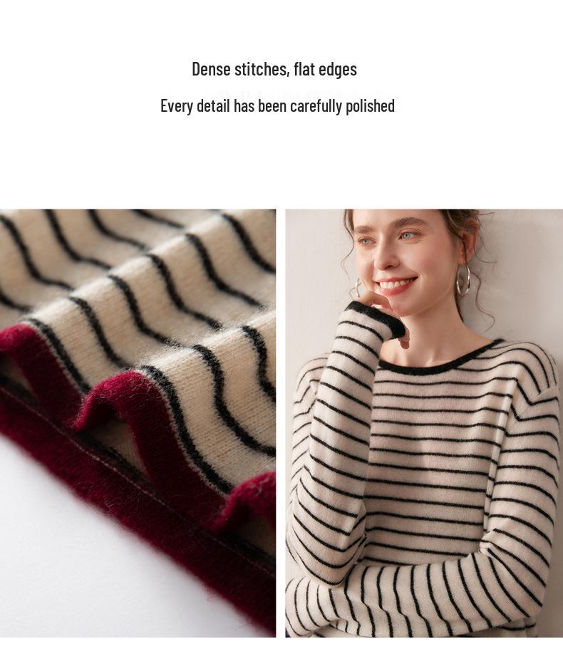 Cashmere Blend Women's Round Neck Color Block Stripe Knitwear: Loose, Elegant, Casual Autumn/Winter Pullover.