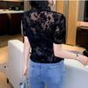 Summer Short Sleeve Mesh Lace Shirts And Blouses 2023 Fashion Stand Vintage Black Sexy Tops Lady See Through Shirts Blusas 26608