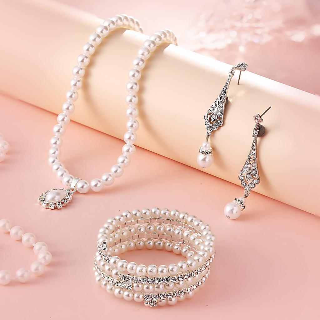 Vintage Elegance Pearl Chain Necklace and Earring Set , Light Rhinestone Jewelry for Women Daily Commute