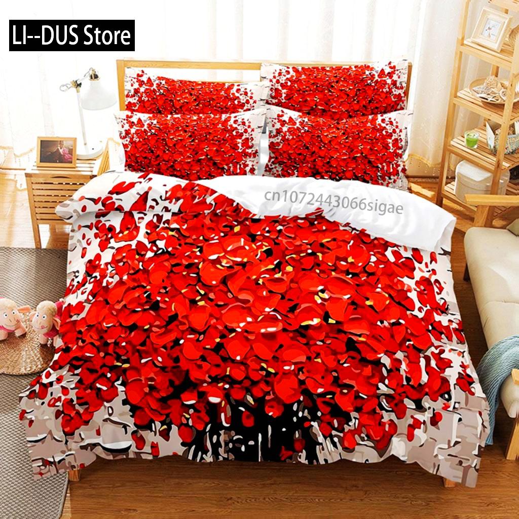 Red Rose Duvet Cover Comforter Pillow Case King Queen Size Flower Theme Valentine's Day Present For Women Room Decorations Gifts