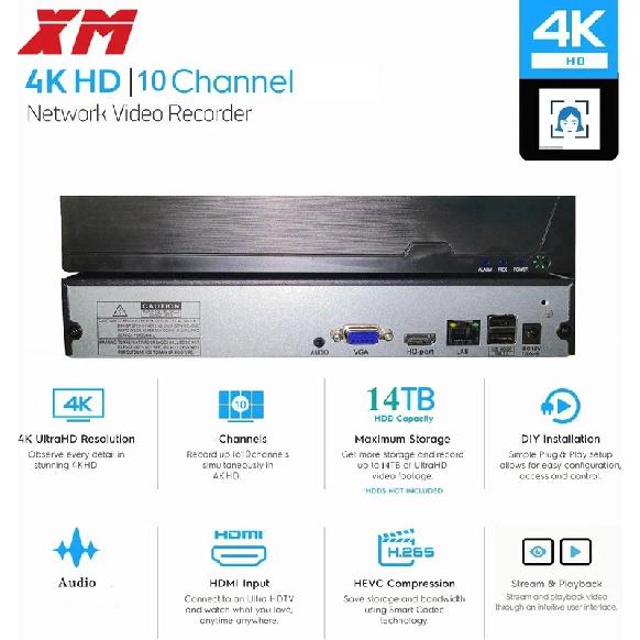 XM 8-мегапиксельный H.265 CCTV NVR, 10 каналов, для IP-камер 2MP, 5MP, 4K, поддержка обнаружения лиц, видеорегистратор DVR, система безопасности XMEYE