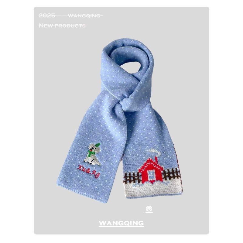Korean Style Red White Cute Puppy Scarf Autumn and Winter New Style Gentle and Sweet Atmosphere Warm Knitted Small Scarf