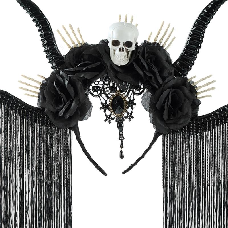 Dark Series Skull Antelope Horn Hairband With Skull Flower Design For Halloween Costume Party Dressingup Accessories
