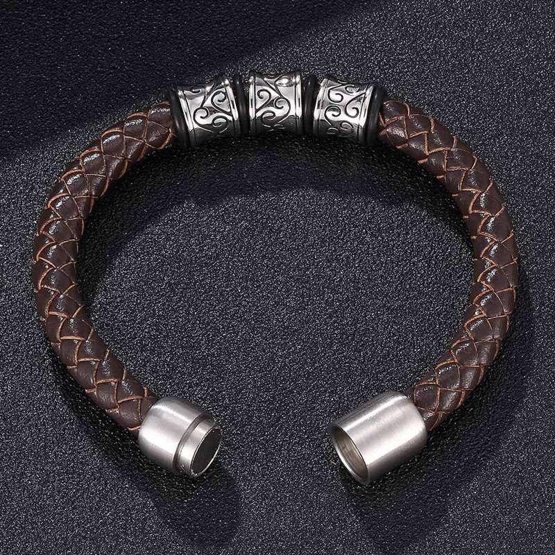 Fashion Men Jewelry Leather Bracelet Viking Charm Stainless Steel Cuff Bracelets With Strong Clasp Fashion Bangles