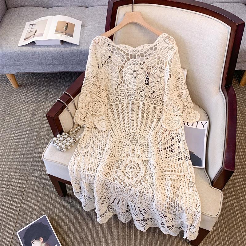 Dimanaf 2025 New Summer Women Long Knitted Dress Asymmetry Sleeve Basic Fashion Lace Dresses Casual Loose