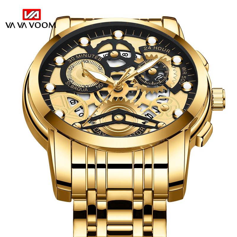 VA VA VOOM Золотые полые светящиеся кварцевые часы Часы со скелетом Мужские часы Импортные механизмы Деловые виды спорта для мужа Подарок Мужские часы из нержавеющей стали