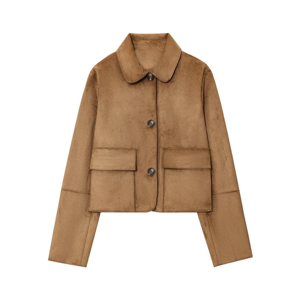 Модная женская куртка-пальто с лацканами и длинными рукавами, замшевой текстуры