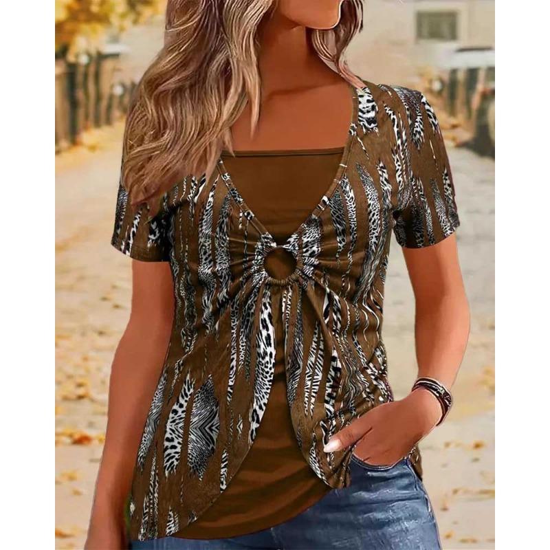 Женская новая поддельная двухсекционная круглая этническая принтованная повседневная с короткими рукавами