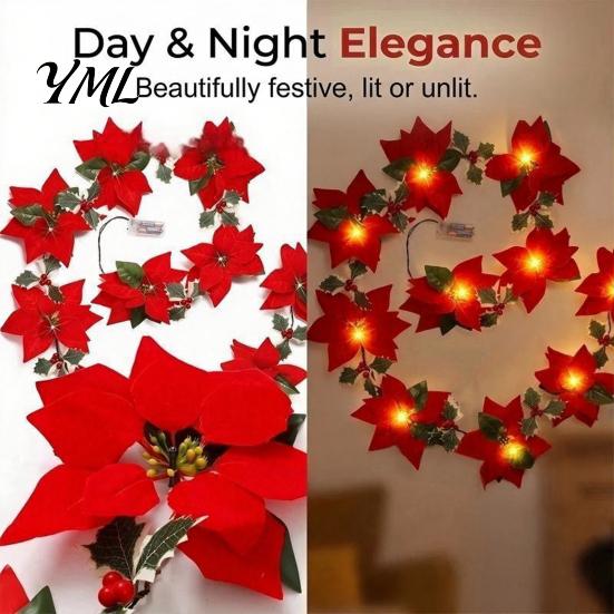 Seasonal Decorative Flower Garland Christmas Poinsettia with Light, 78/118 Inch Lighted Artificial Indoor Outdoor Holiday Floral Decoration