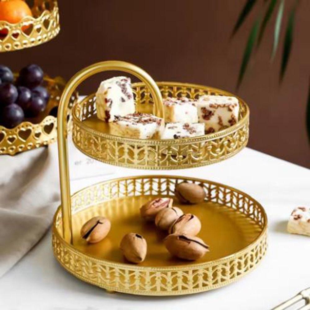Gold Fruit Serving Tray Hollow Out 2 Tier Fruit Tray Multipurpose Jewelry Dish  Front Desk