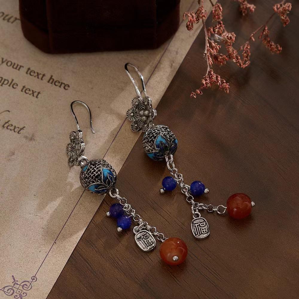 JMXD-потрясающе! Новые серьги в китайском стиле с маленькими цветочками и выемкой, выжженные синие серьги с бахромой, интерпретирующие ретро-этнический стиль