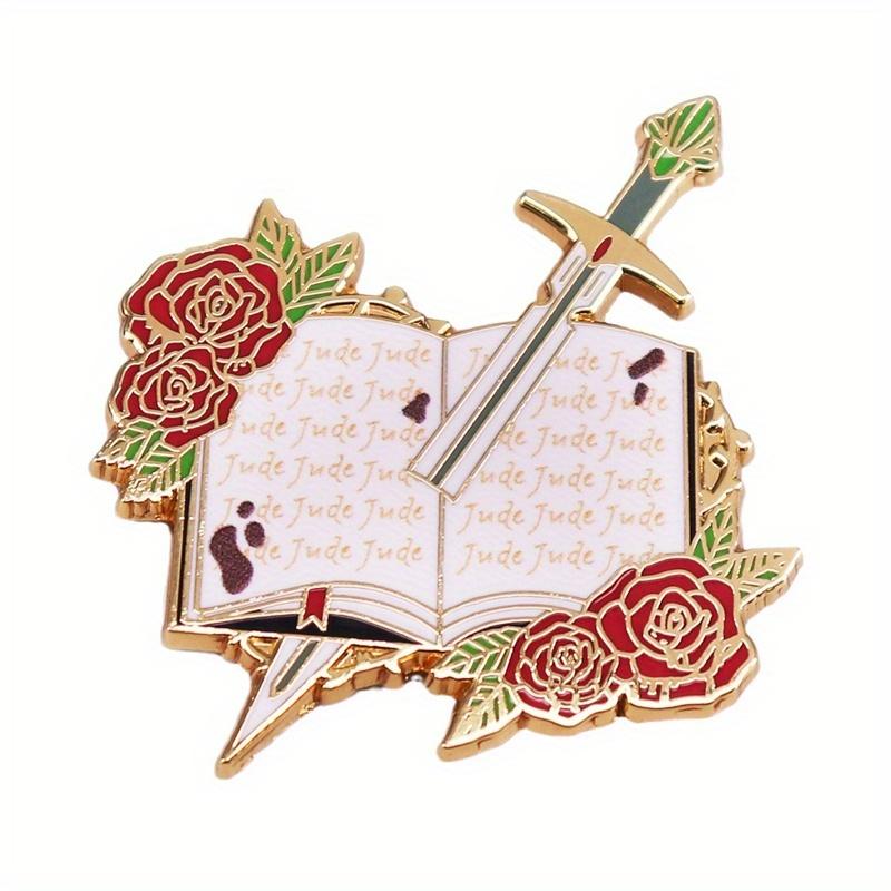 Книга Меч Эмалевая Брошь Значок Цветок Буква Значки Книжный Подарок