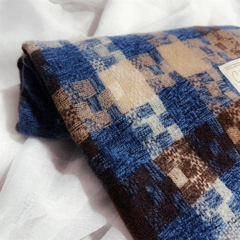 2024 Autumn/Winter New Women'S Mosaic Grid Thickened And Extended Warm Scarf With Contrast Color, High Grade Tassel Versatile Scarf And Shawl