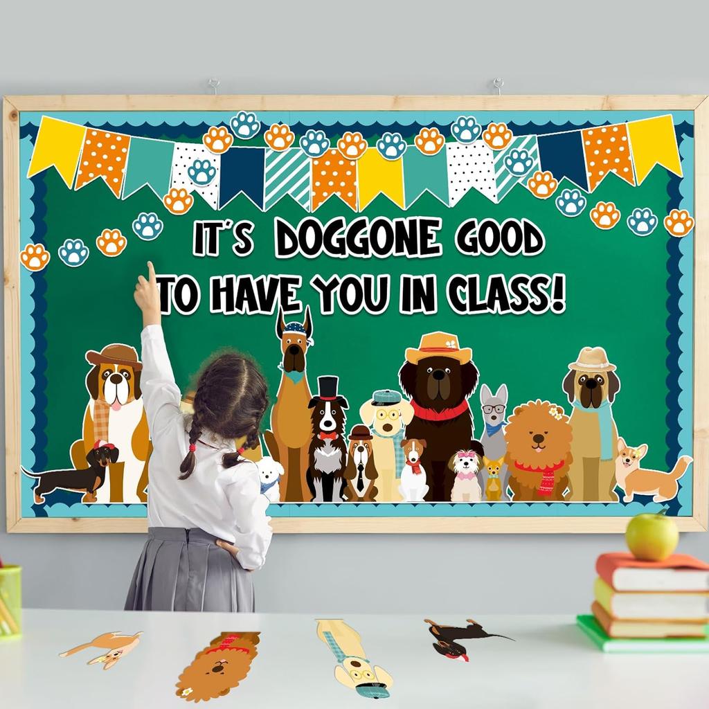 Justforjoyful 80Pcs Pet Dog Bulletin Board Classroom Decorations Set Puppy Cutouts Paw Bulletin Board Boarder Pet Dog theme Decoration Wall Decor