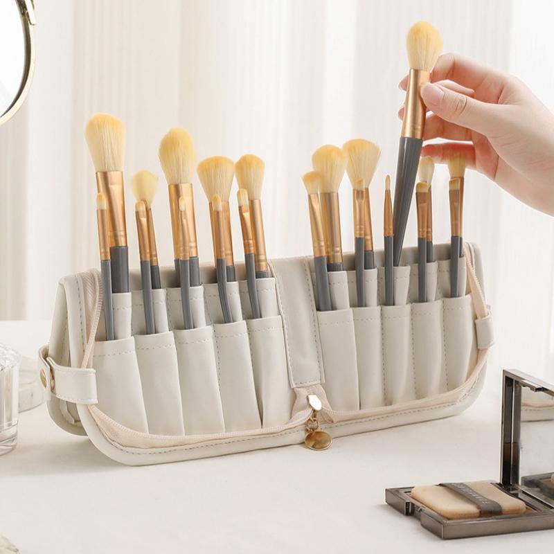 Вертикальная складная и портативная сумка для хранения кистей для макияжа из ПУ, дорожная сумка для кистей для макияжа, вместительная, с вышивкой, набор инструментов для ручек, карандашей для бровей