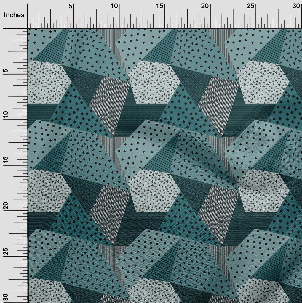 oneOone Cotton Flex Dusty Teal Blue Fabric Dot|Check & Triangle Geometric Dress Material Fabric Print Fabric By The Yard 40 Inch