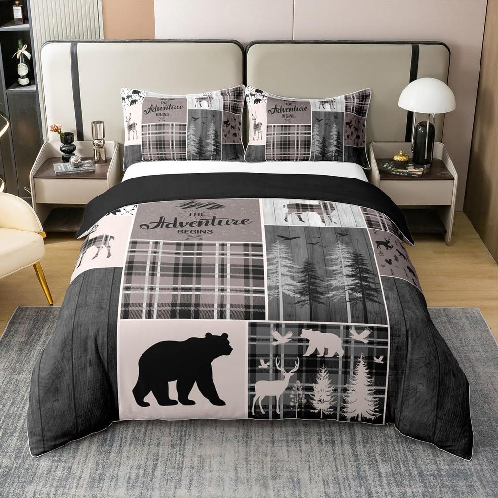Erosebridal Hunting Deer 100% Cotton Duvet Cover Queen Size for Boys Rustic Farmhouse Bedding Set Bear Adventure Themed Comforter Cover West
