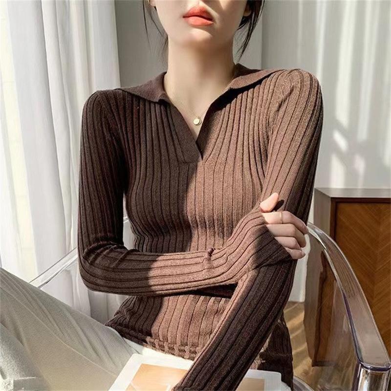 Весенняя облегающая рубашка с V-образным вырезом и длинными рукавами, с внутренней трикотажной подкладкой, модная и простая, в полоску, новый темпераментный свитер для женщин