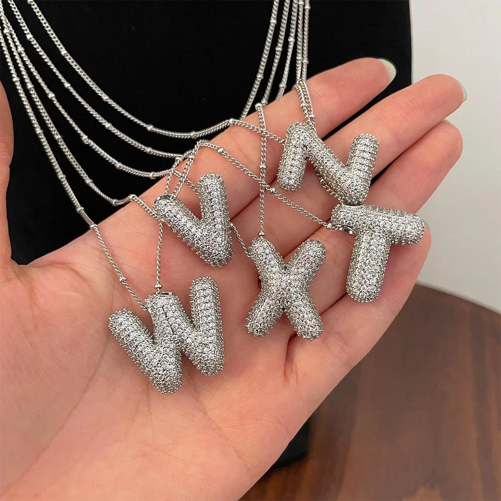 CZ Zircon Chunky Bubble Letters Pendant Necklace for Women Men Silver Color Initial A-Z Letter Necklace Charm Jewelry