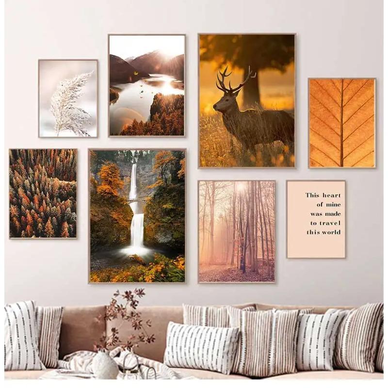 Waterfall Reed Wall Art Canvas Painting Nordic Posters And Prints Wall Pictures For Living Room Autumn Leaves Forest Deer Lake