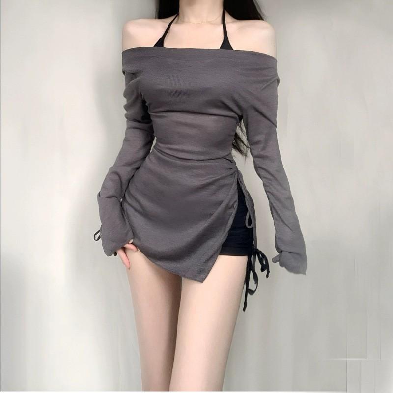 Черный купальник с длинным рукавом, капюшоном, на бретельках, с высокой талией, с разрезом, женский, трехсекционный, для отдыха на пляже, закрывающий грудь и живот