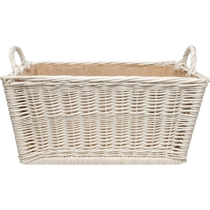 Panier à Bûches - Creative Home - 47 x 33 x 30 cm - Tissé à la Main - Intérieur en Jute - Blanc