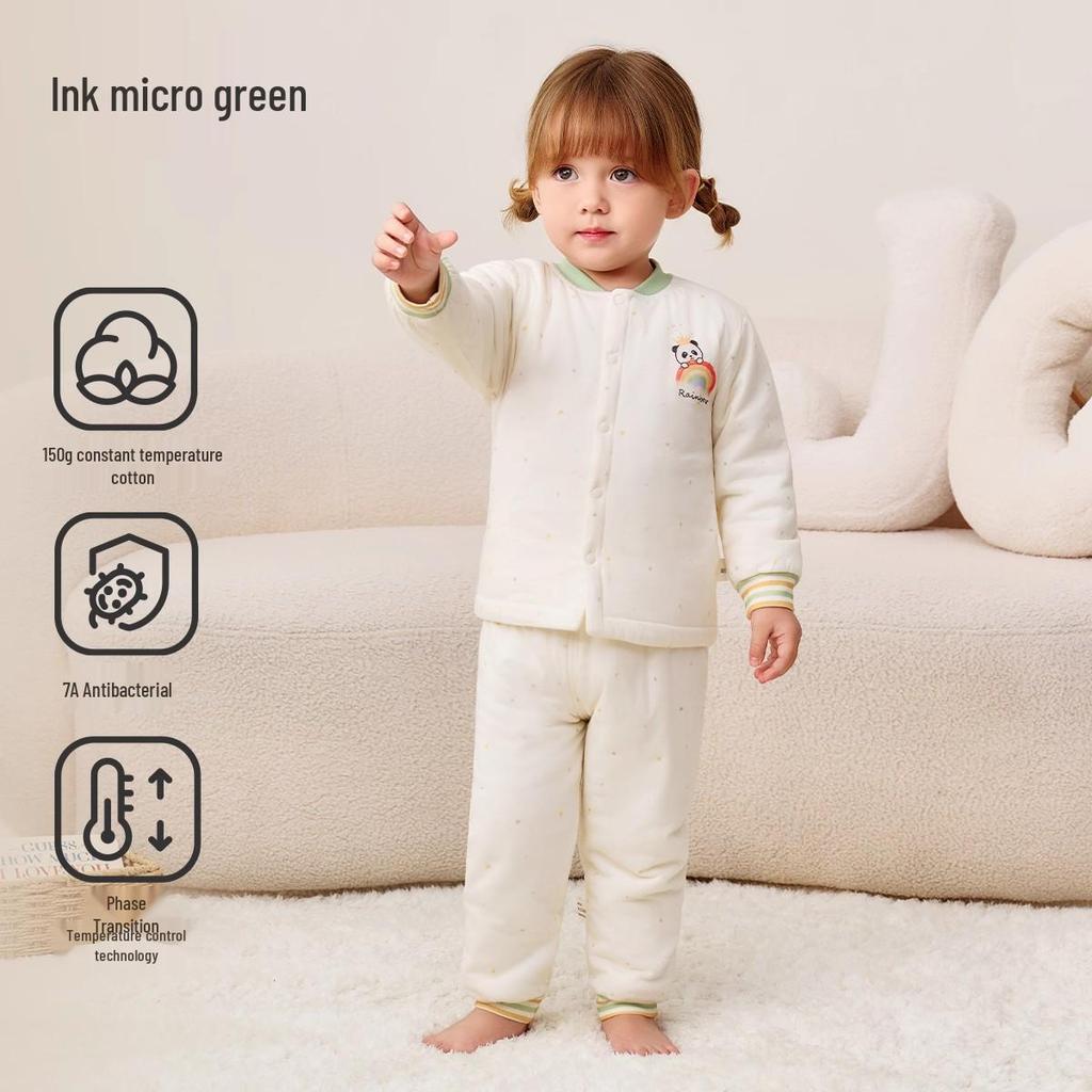 Детский пижамный комплект Jingqi из стеганого хлопка с высокой талией и защитой животика - Теплая, регулирующая температуру домашняя одежда для осени и зимы