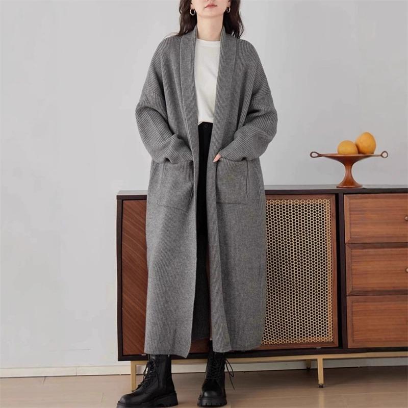 Осень и зима новый однотонный повседневный простой вязаный кардиган женский свободный ленивый стиль длинный свитер куртка