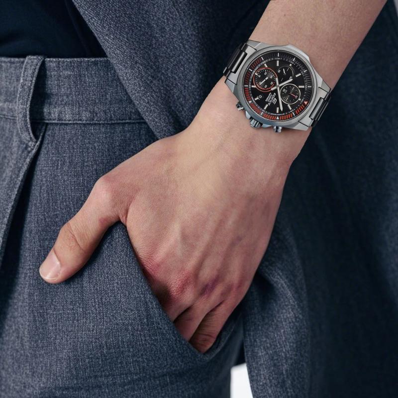 Casio Серия EDIFICE, тонкие, простые и водонепроницаемые, Кварцевые, Стальной ремешок, , мужские часы 49,3 мм, черный циферблат EFR-S572YDC-1AUPR