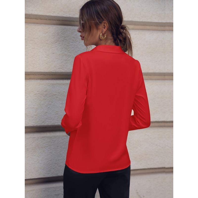 YYFS Women's Fashion Casual Spring Fall Solid Color Print Long Sleeve POLO Neck Blouses & Shirts