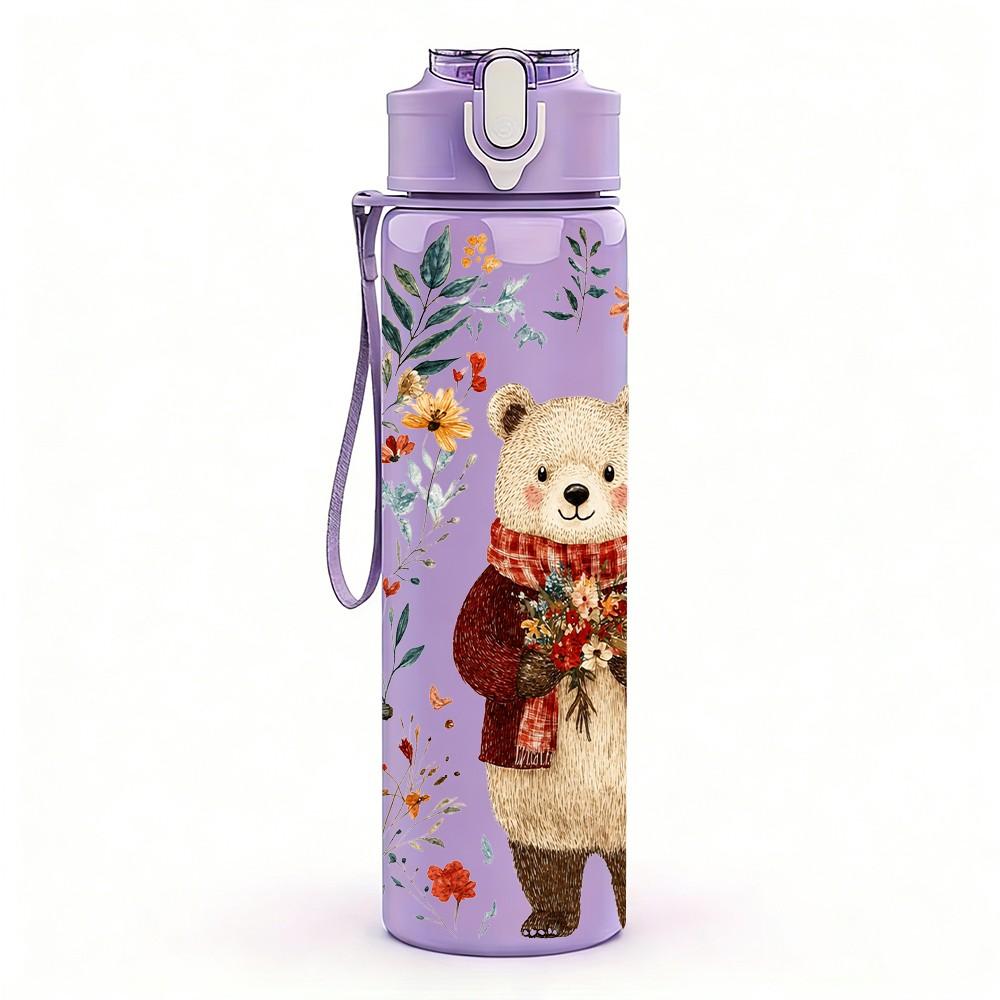 1PC Plush Bear Autumn Floral Frame 750ml Color Plastic Sports Water Bottle Leakproof Flip Straw Lid Suitable for Sports Office Home Use