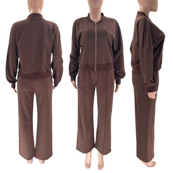 Женский комплект из 2 шт./компл., пальто, брюки, воротник-стойка, застежка-молния с длинным рукавом, свободные эластичные манжеты, высокая эластичная талия, широкие штаны, однотонный женский спортивный костюм