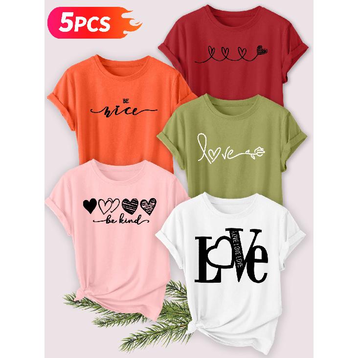 Five-piece set Elegant short-sleeved shirt for women Love love Printed round-neck women's short-sleeve shirt suitable for spring and summer