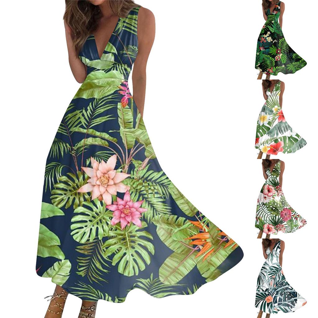 Women's Summer Fashion Hawaiian Print V-Neck Sleeveless Tunic Casual Dresses