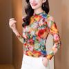 Floral Print Mesh T-Shirt Women's Autumn Stretch Slim Fit Top Long Sleeve Pullover Sweatshirt
