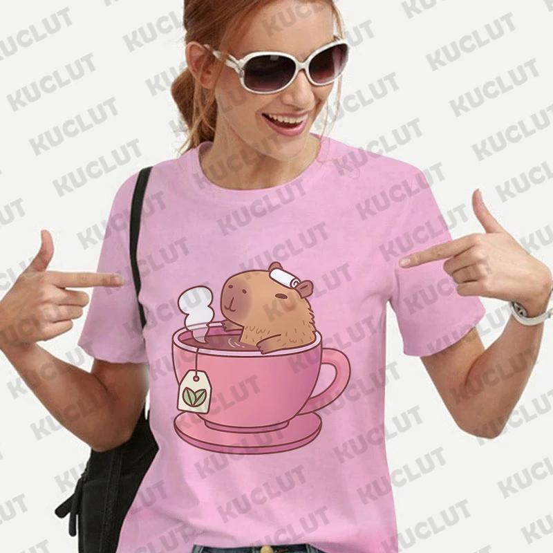 Cute Capybara Anime Women's T-shirt Casual Ulzzang Short Sleeve Tees Cartoon Graphic Y2K Tops Female Blouse Aesthetic Clothing