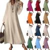 Women's Fashion V-Neck Long Sleeve Pocket Solid Color Zipper Casual Vacation Long Cotton Linen Dresses